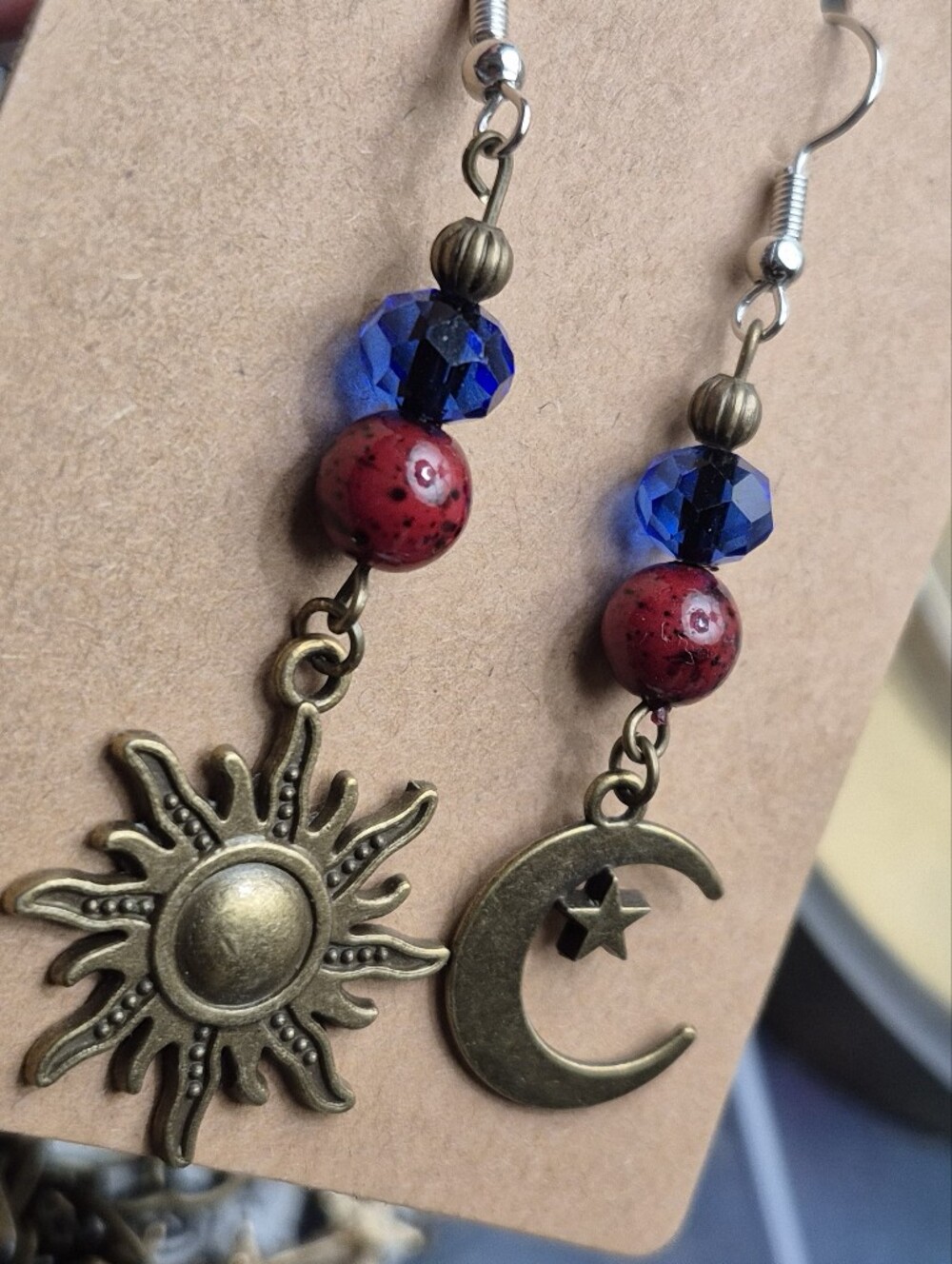 Sun & Moon Dangle Earrings with Blue and Red Beads